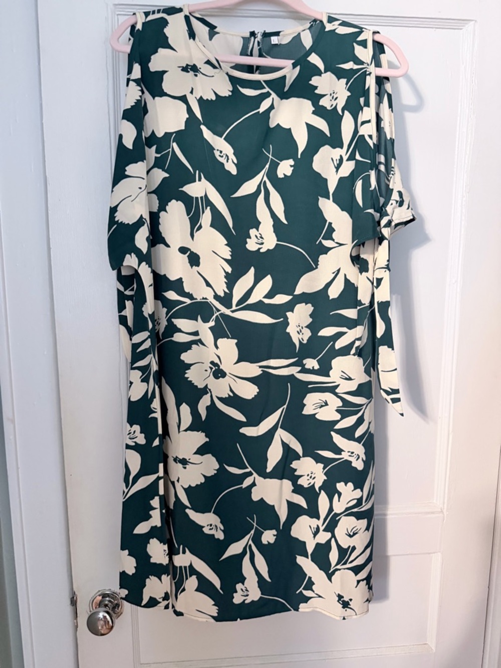 Floral Cold-Shoulder Shift Dress in Teal and Ivory